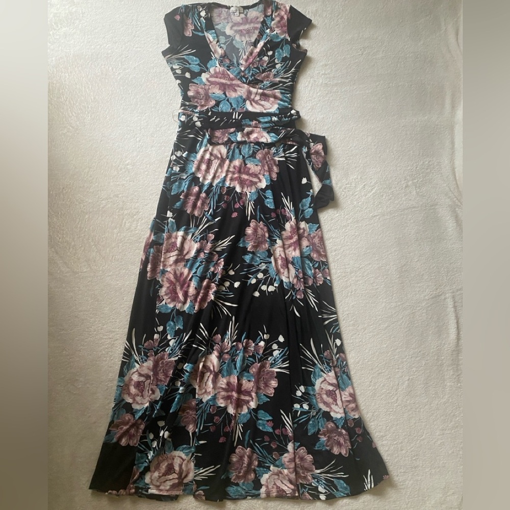 Olivia Matthews Black Maxi Dress with Pink and Blue Floral